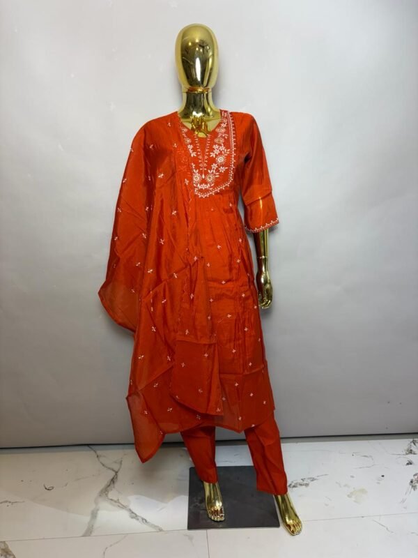 Rust Orange Cotton-Silk Kurta Pant Set with White Floral Chikankari-Style Embroidery