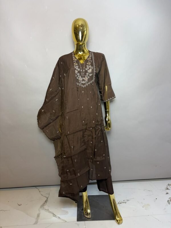 Deep Coffee Brown Cotton-Silk Kurta Pant Set with Intricate White Floral Embroidery
