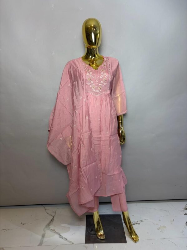 Rose Pink Cotton-Silk Kurta Pant Set with White & Gold Floral Embroidery