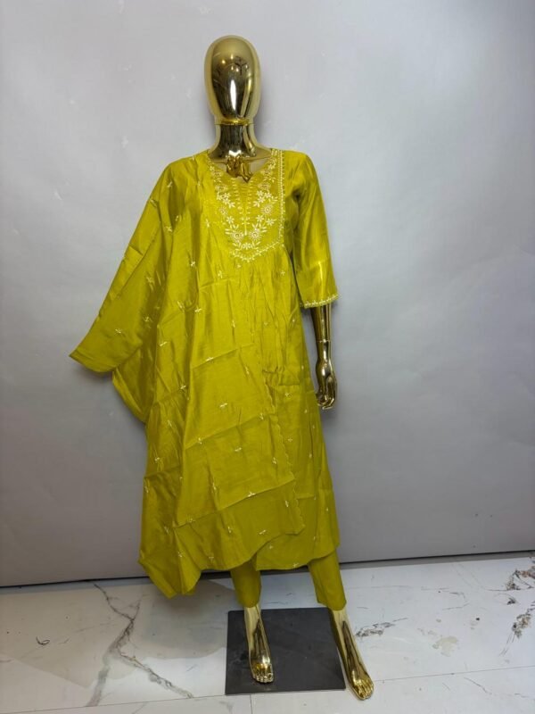Olive Lime Green Cotton-Silk Kurta Pant Set with White Floral Neck Embroidery