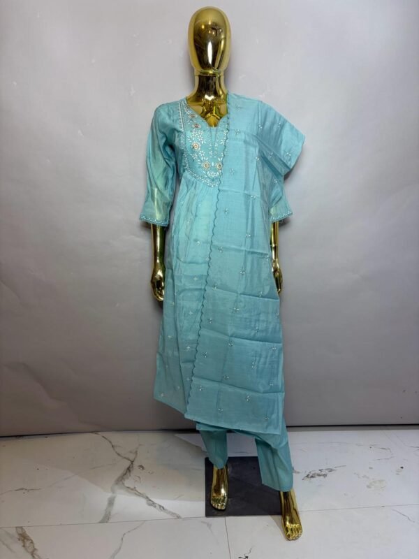 Luminous Aqua Sea Green Cotton-Silk Kurta Pant Set with White & Gold Floral Embroidery