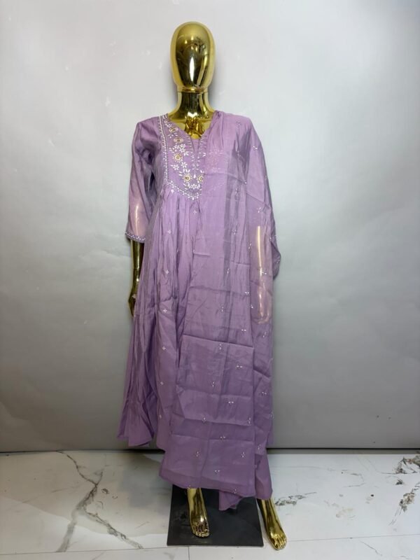 Festive Lavender Purple Cotton-Silk Anarkali Kurta Pant Set with White & Gold Floral Embroidery