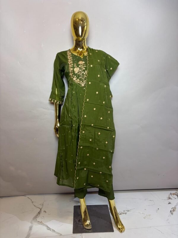 Deep Olive Green Cotton-Silk Kurta Pant Set with Elegant Gold Floral Embroidery