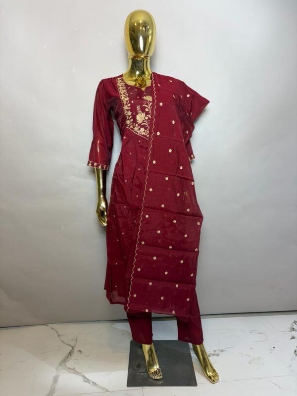 Deep Maroon Cotton-Silk Kurta Pant Set with Elegant Gold Floral Embroidery