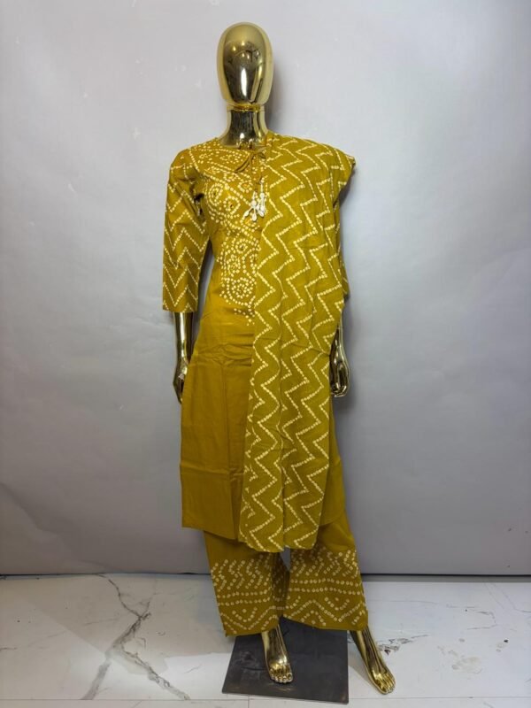 Mustard Yellow Cotton Bandhani Print Kurta Pant Set with Matching Dupatta