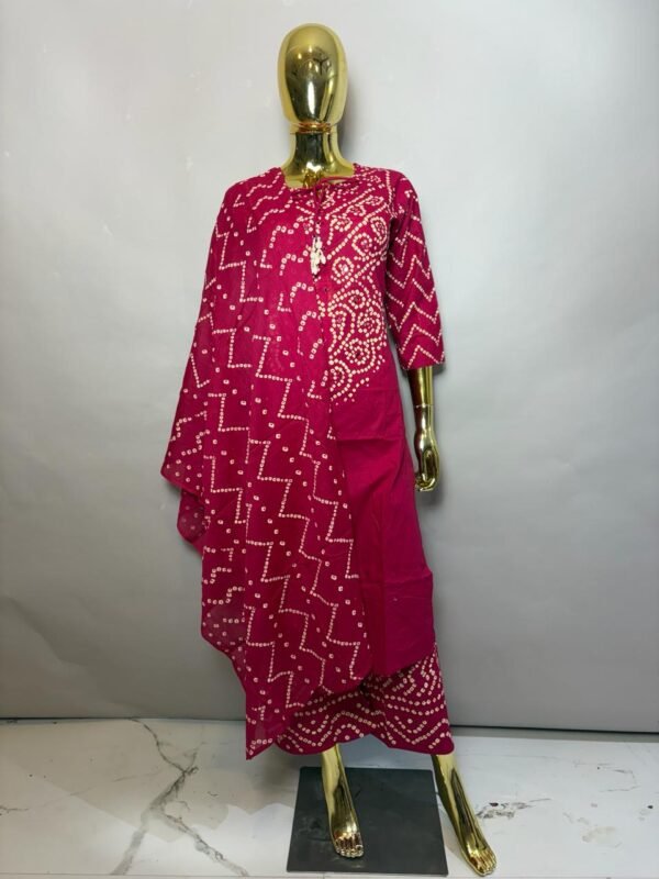 Festive Magenta Pink Cotton Bandhani Print Kurta Pant Set with Matching Dupatta