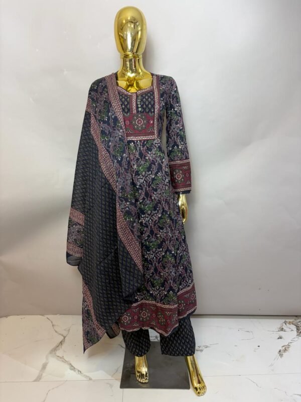 Indigo Blue Flared Printed Cotton Kurta Set with Dupatta