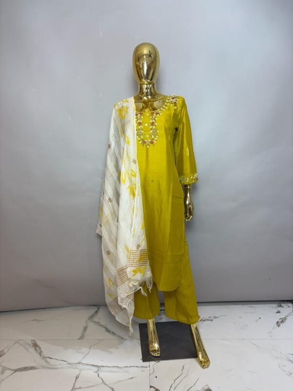 Mustard Lime Silk-Blend Kurta Pant Set with Gota Patti & Floral Neckline Embroidery