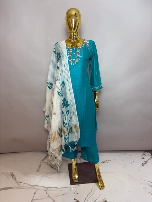 Teal Peacock Blue Silk-Blend Kurta Pant Set with Gota Patti & Floral Neckline Embroidery