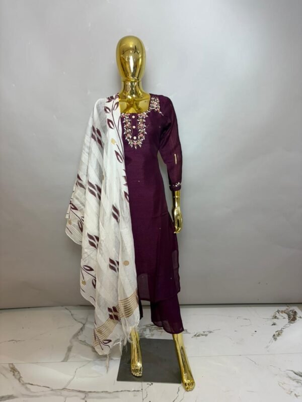 Deep Wine Silk-Blend Kurta Pant Set with Gota Patti & Floral Neckline Embroidery