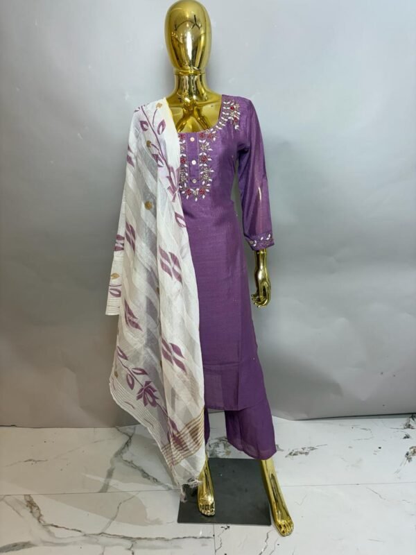 Enchanted Mauve Silk-Blend Straight Kurta Pant Set with Zari Stripe Dupatta