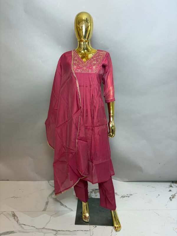 Onion Pink Chanderi Silk Gathered Festive Suit Set with Zari Lace Dupatta