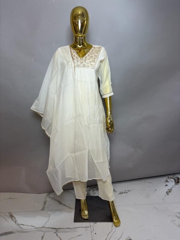 Pristine Ivory Chanderi Silk Gathered Festive Suit Set with Zari Lace Dupatta