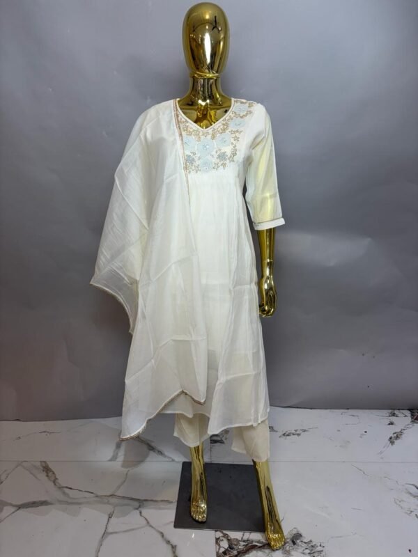 Ivory Chanderi Silk Gathered Festive Suit Set with Pastel Blue Floral Embroidery
