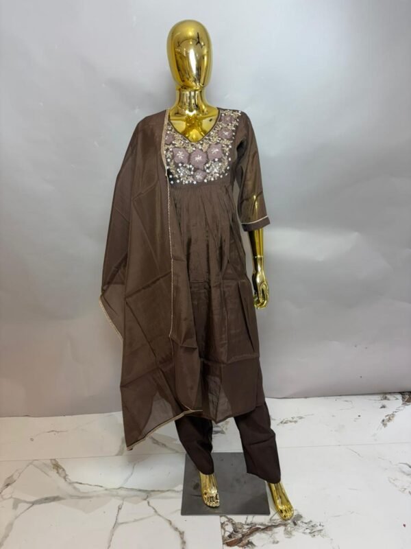 Rich Chocolate Brown Chanderi Silk Gathered Festive Suit Set with Zari Embroidery