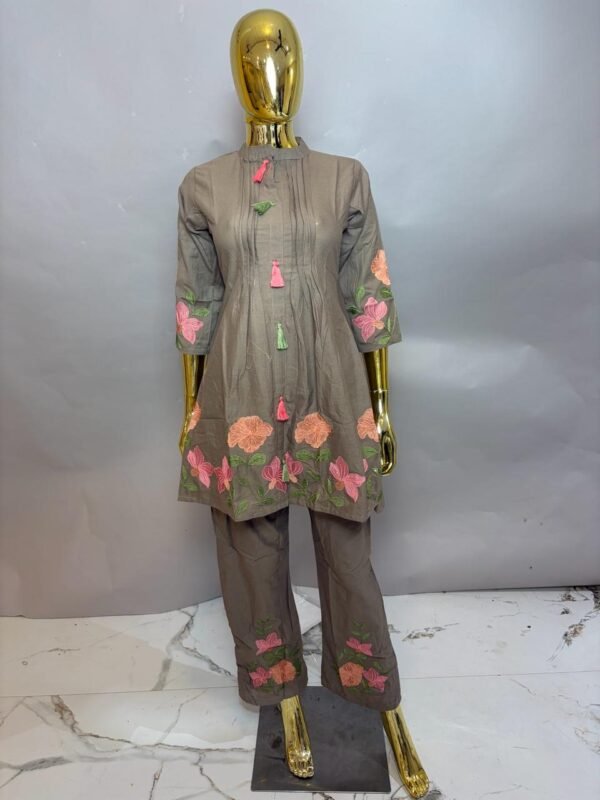Taupe Grey Premium Cotton Short Kurta Pant Set with Floral Embroidery & Tassels