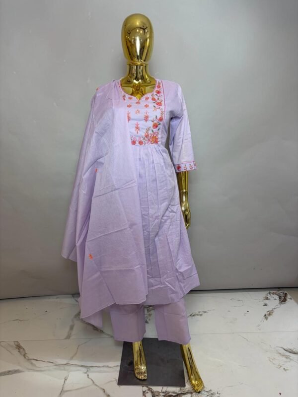 Pastel Lavender Premium Cotton Gathered Festive Suit Set with Peach Floral Embroidery