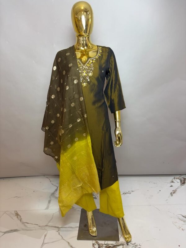 Olive Green & Lime Yellow Ombre Silk-Blend Festive Kurta Set with Banarasi Dupatta