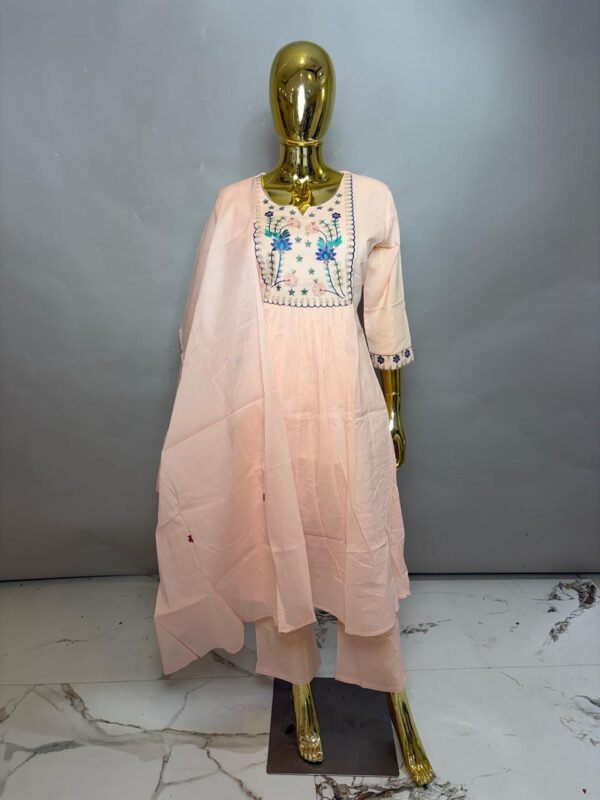 Pastel Peach Premium Cotton Gathered Festive Suit Set with Blue & Teal Floral Embroidery