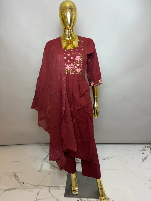 Deep Maroon Premium Cotton Gathered Festive Suit Set with Rose Pink Floral Embroidery
