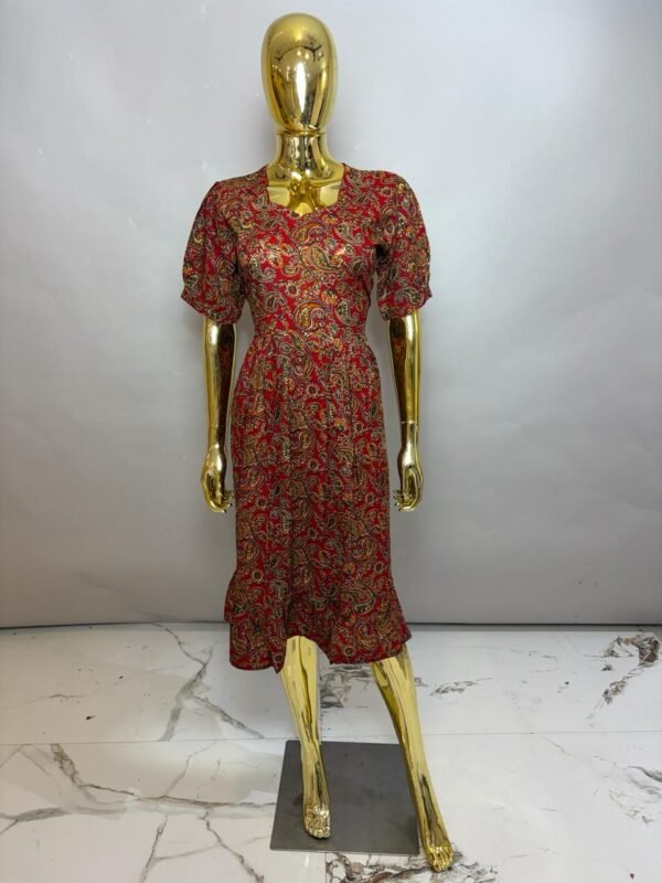 Rust Red Premium Cotton Paisley Printed Midi Frock Dress with Puff Sleeves