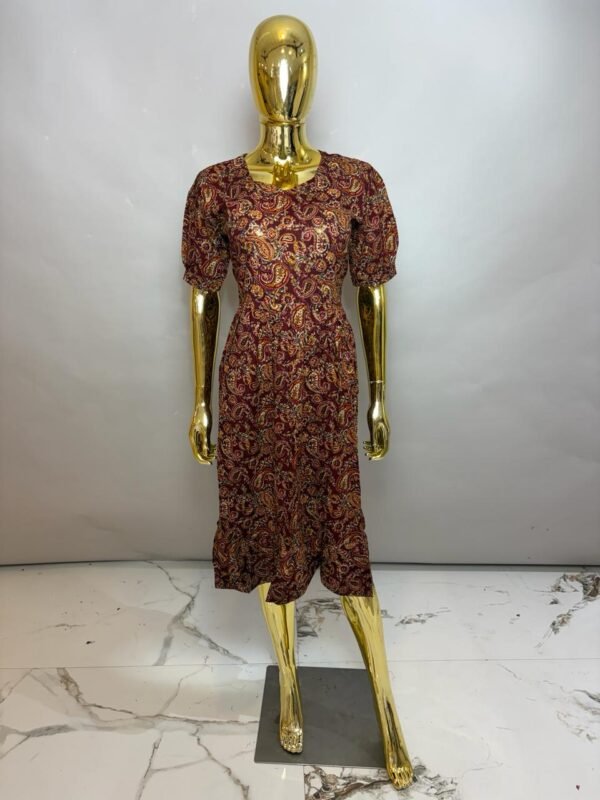 Deep Wine Paisley Premium Cotton Midi Frock Dress with Puff Sleeves