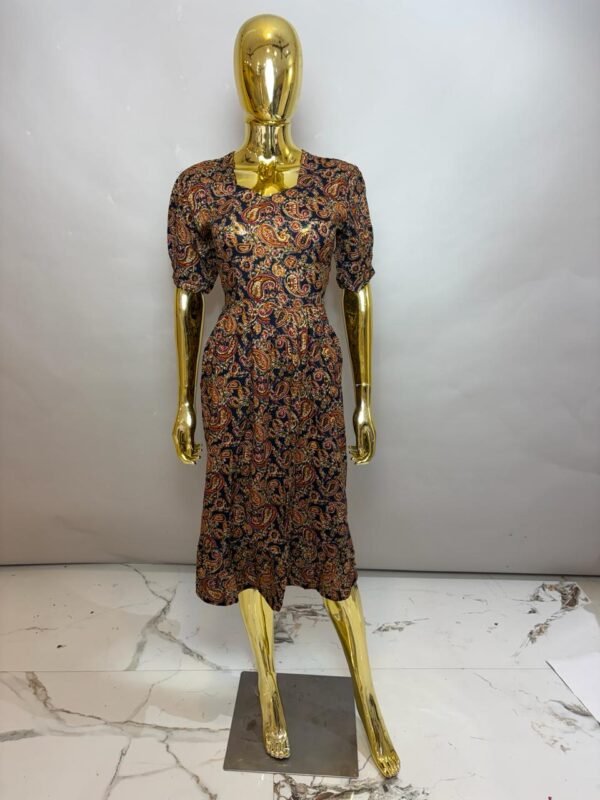 Deep Indigo Blue Premium Cotton Paisley Printed Midi Frock Dress with Puff Sleeves