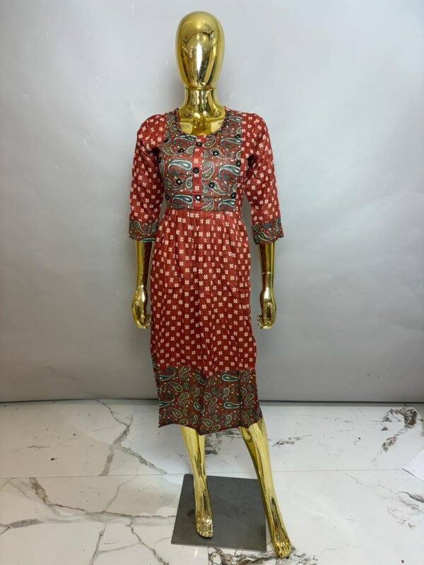 Tomato Red Premium Rayon Gathered Midi Dress with Mirror Work & Paisley Border