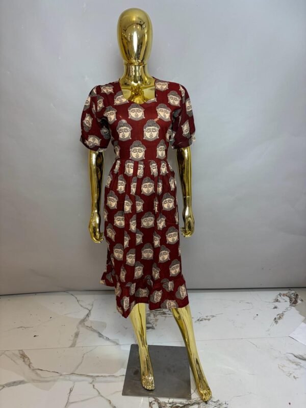 Maroon Premium Cotton Buddha Face Printed Midi Frock Dress with Puff Sleeves