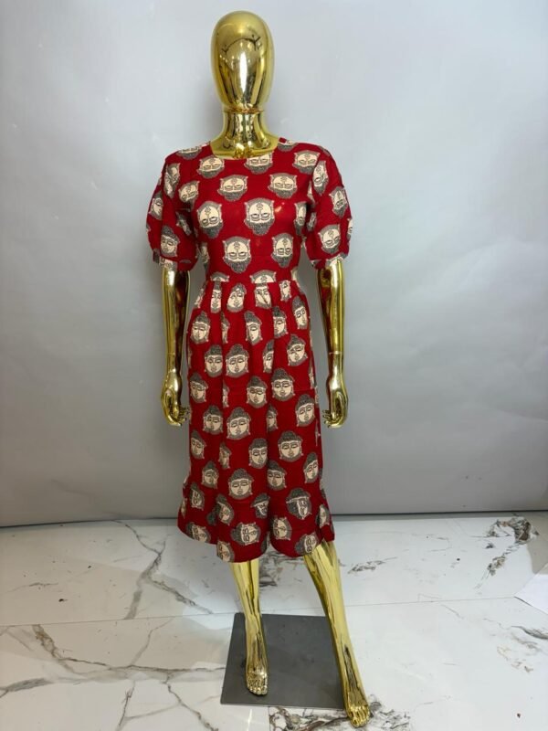 Vibrant Red Premium Cotton Buddha Face Printed Midi Frock Dress with Puff Sleeves