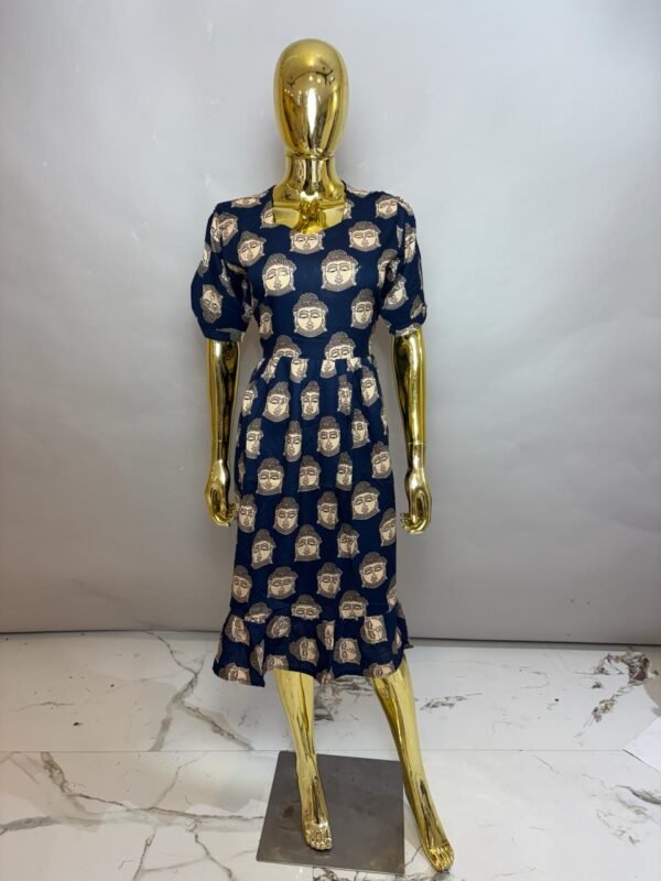 Navy Blue Premium Cotton Buddha Face Printed Midi Frock Dress with Puff Sleeves