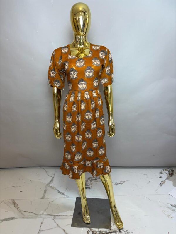 Mustard Yellow Premium Cotton Buddha Face Printed Midi Frock Dress with Puff Sleeves