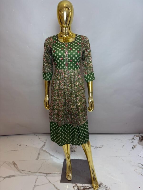 Olive Green Premium Rayon Gathered Midi Dress with Mirror Work & Paisley Patterns