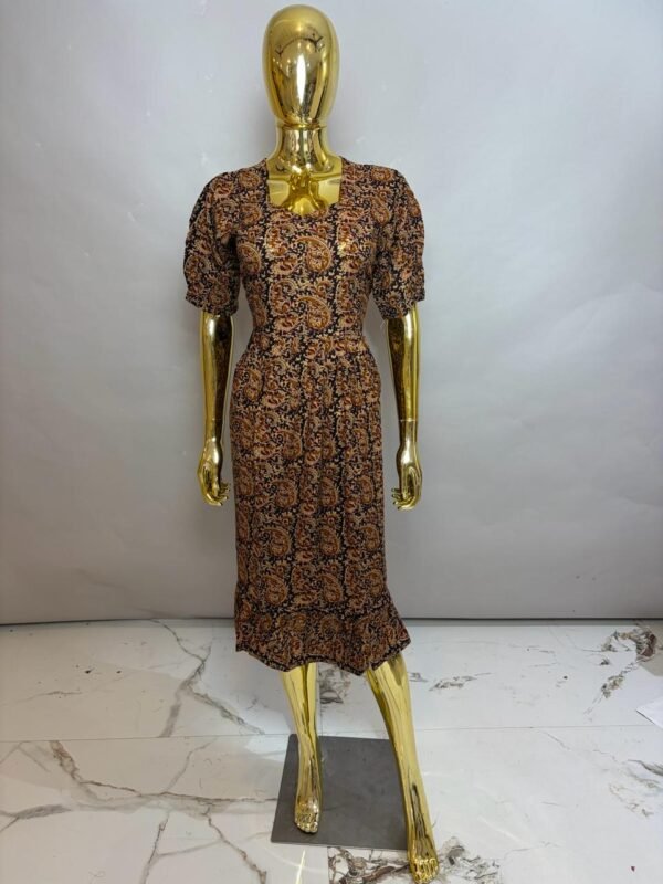 Charcoal Black Premium Rayon Paisley Printed Midi Frock Dress with Puff Sleeves