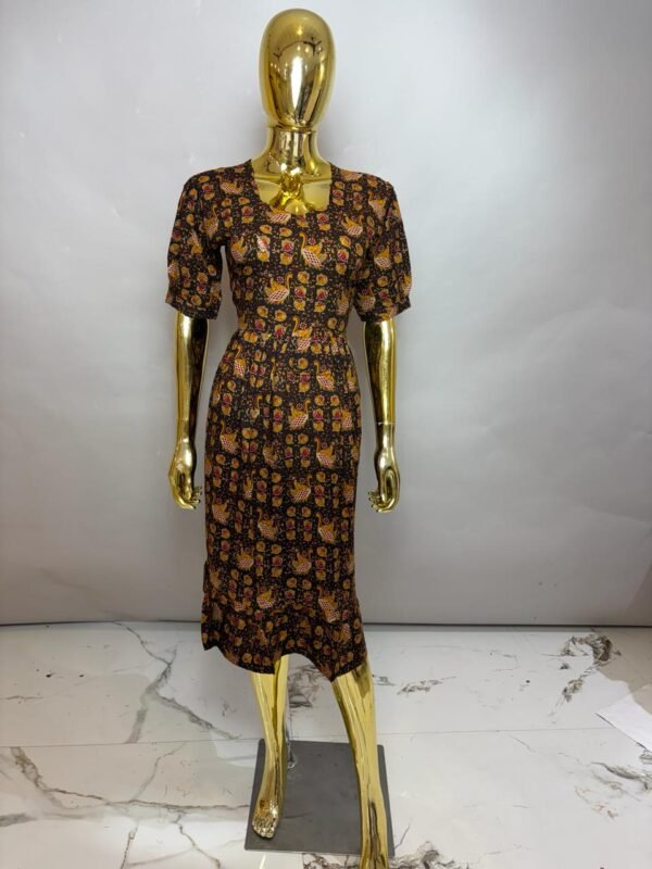Dark Brown Premium Rayon Duck & Floral Printed Midi Frock Dress with Puff Sleeves