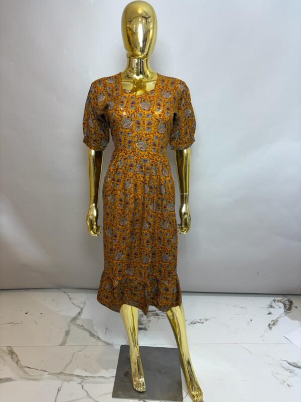 Mustard Yellow Premium Rayon Duck & Floral Printed Midi Frock Dress with Puff Sleeves