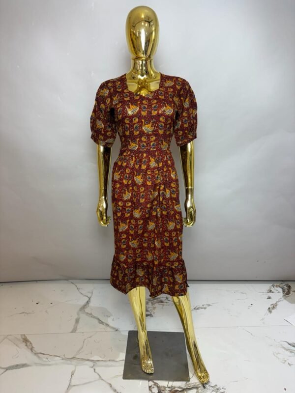 Premium Rust-Red Paisley Print Flared Midi Frock with Puff Sleeves