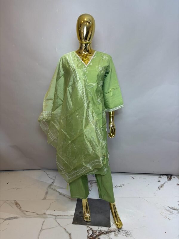 Light Green Premium Cotton Silk V-Neck Kurta Set with Scattered Floral Embroidery & Organza Dupatta
