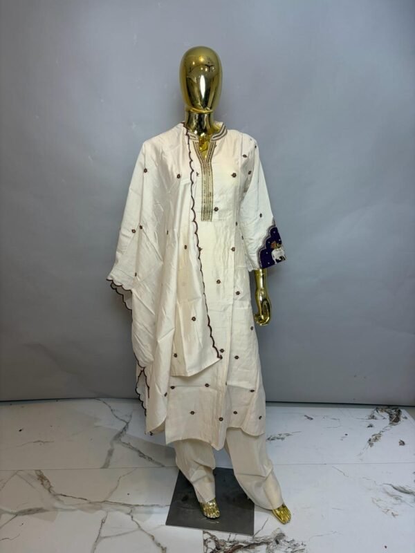 Off-White Premium Cotton Silk Kurta Set with Zari Neckline and Pichwai Cow Embroidered Sleeves