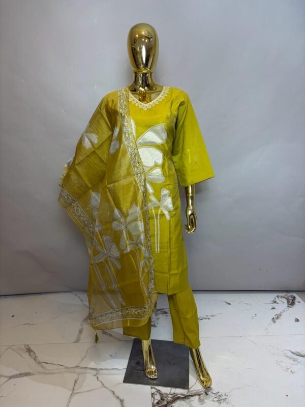 Mustard Premium Cotton Silk V-Neck Kurta Set with Applique Flower Detail & Organza Dupatta