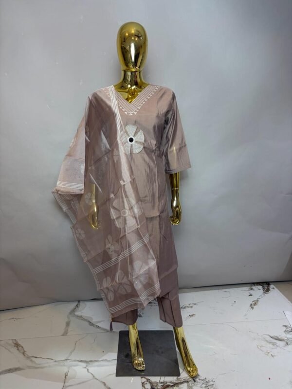 Taupe Premium Cotton Silk V-Neck Kurta Set with Applique Flower Detail & Organza Dupatta