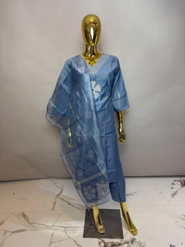 Steel Blue Premium Cotton Silk V-Neck Kurta Set with Applique Flower Detail & Organza Dupatta