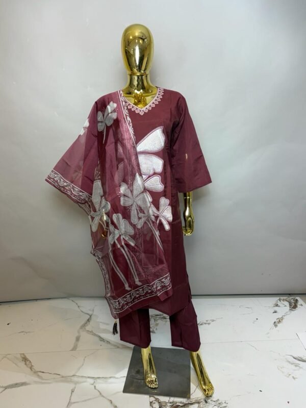 Wine Premium Cotton Silk V-Neck Kurta Set with Applique Flower Detail & Organza Dupatta