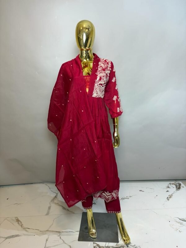 Crimson Red Cotton Silk Anarkali Kurta Set with Intricate Floral Shoulder Embroidery & Chanderi Dupatta