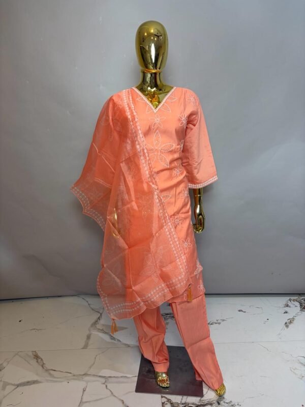 Peach Premium Cotton Silk V-Neck Kurta Set with Scattered Floral Embroidery & Organza Dupatta