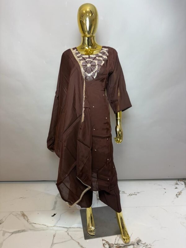 Rich Chocolate Premium Cotton Silk Kurta Set with Asymmetric Bold Floral Thread-Work and Sheer Dupatta