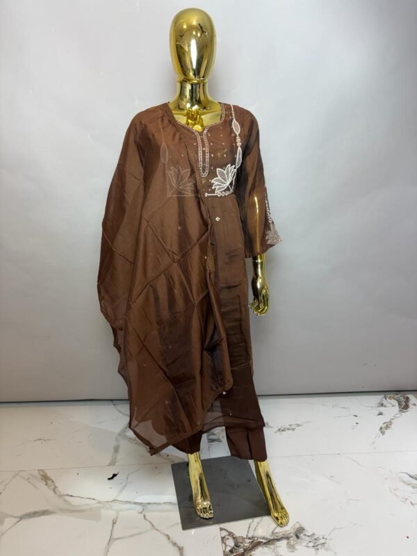 Coffee Brown Premium Cotton Silk Kurta Set with Intricate White Lotus Artistry and Tonal Sequin Dupatta
