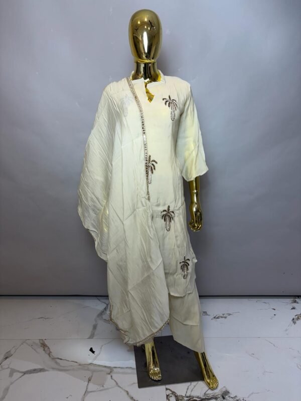 Ivory Cream Premium Cotton Silk Kurta Set with Shimmering Palm Tree Embroidery and Zari Lace Dupatta