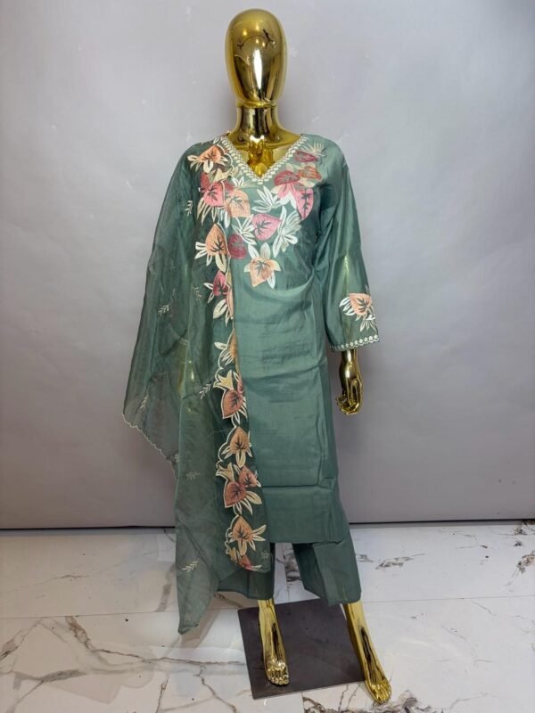 Sage Green Premium Cotton Silk Kurta Set with Multi-Tonal Floral Leaf Embroidery and Sheer Scalloped Dupatta