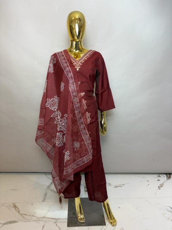 Deep Maroon-Burgundy Premium Cotton Silk Kurta Set with Asymmetric Bold Floral Thread-Work and Printed Dupatta